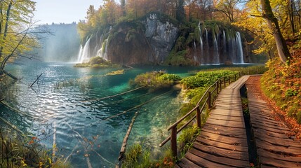Plitvice Lakes National Park in autumn, Croatia, with vibrant foliage reflecting in the crystal-clear lakes, wooden walkways winding through the lush forests