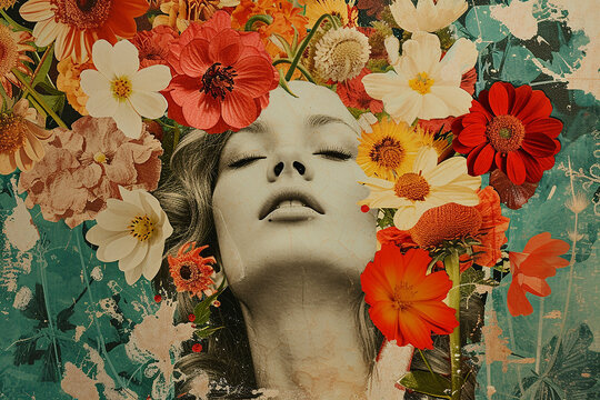 Abstract art collage of beautiful young woman with flowers for spring, summer seasonal