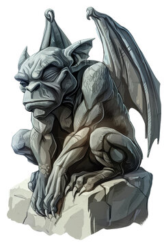 a grumpy gargoyle carving itself from rock isolated on a transparent background, generative ai