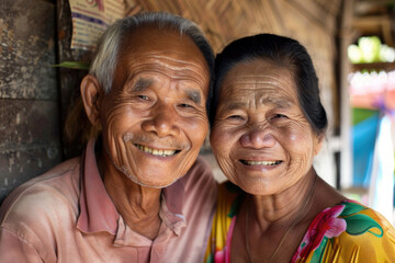 An elderly couple smiling happily together