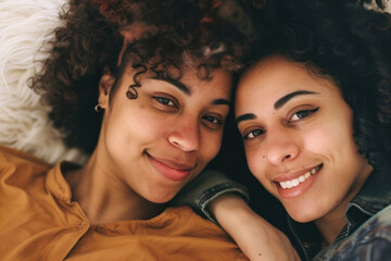 Picture of two women lying side by side, their faces close, showing comfort and friendship