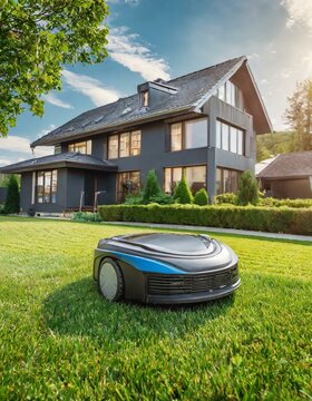  Automatic robotic lawn mower on a green lawn with modern house in background. Grass lawn mower robot in sunny summer day