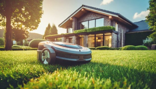  Automatic robotic lawn mower on a green lawn with modern house in background. Grass lawn mower robot in sunny summer day