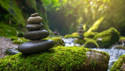 Balanced Rock Zen Stack. Stack of zen stones on nature background. Stones balanced on top of each other on the stone with moss 