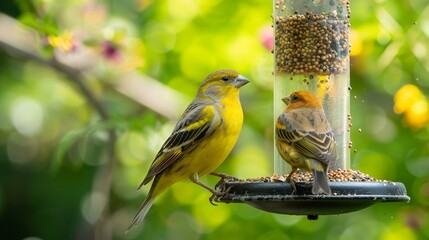Two yellow finch birds delicately perched on a bird feeder, their vibrant plumage glowing in the soft sunlight, as they peck at seeds - obrazy, fototapety, plakaty