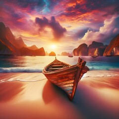 Serene Boat Resting on Sandy Shoreline Under the Radiant Glow of Sunset