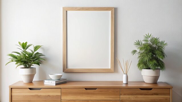 Blank frame mockup on white wall living room with wooden sideboard with small green plant