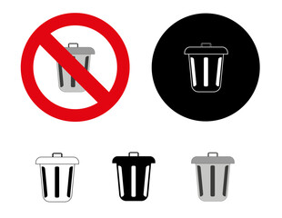 Iconos de tachos de basura y símbolo de prohibido tacho de basura para aplicaciones y web.