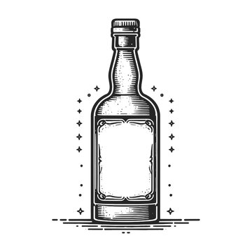 Alcohol bottle with blank label sketch engraving generative ai vector illustration. Scratch board imitation. Black and white image.