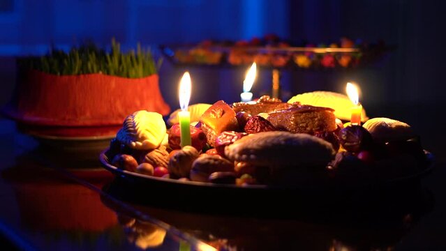 Festive table Nowruz. Customs of the Novruz holiday. Blessing of Nowruz. Celebrating Novruz around the world