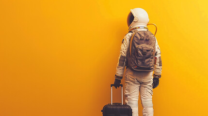 Astronaut with a travel suitcase and backpack in yellow background - obrazy, fototapety, plakaty