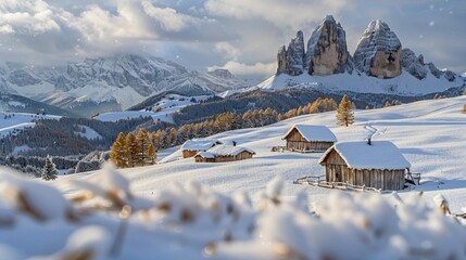 View of the Seiser Alm during a gentle snowfall, the landscape transformed into a winter...