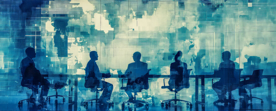 Business Team at Conference Table with Abstract Cityscape Reflections
