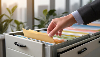 A hand is shown pulling a file from an organized open filing cabinet drawer filled with labeled folders in an office setting  - obrazy, fototapety, plakaty