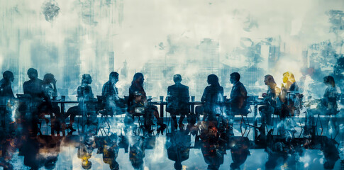 Silhouette of Diverse Business Group During a Meeting with City Reflections - Business Artwork