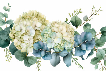 Beautiful vintage floral vector bouquet of blooming hydrangea and garden flowers, botanical natural hydrangea Illustration on white. Summer floral hydrangea greeting card in watercolor style - obrazy, fototapety, plakaty