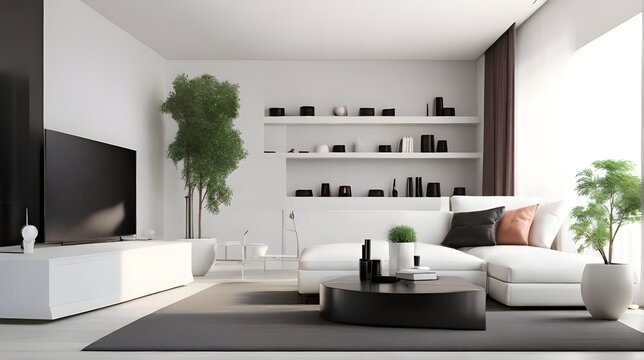 Beautiful modern living room interior with sofa. Large luxury modern bright interiors Living room 3D rendering.
