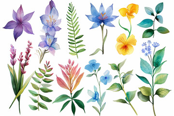 Set of floral branch elements. Flowers and green leaves. Wedding with floral poster, invite. Vector arrangements for greeting card or invitation design vector illustration