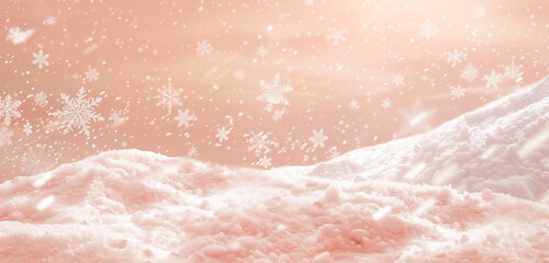 A festive background with a blanket of snow under a soft peach sky, snowflakes adding a magical touch to the scene