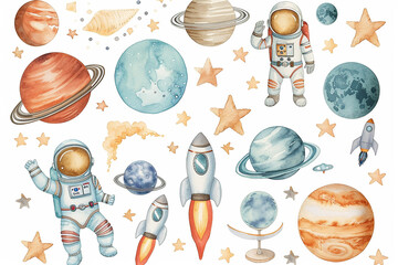 Planets astronaut set watercolor vector space theme element