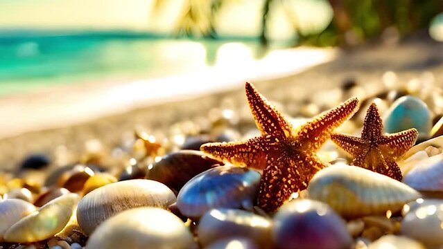 shells and starfish on the seashore. Selective focus. nature.