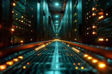 Data Center Corridor with Illuminated Rack Servers