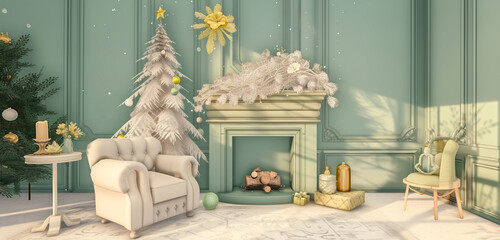 A fresh Christmas morning scene with a mint green fireplace, a snow white armchair, and a tree with pastel yellow decorations