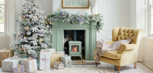 A light and fresh Christmas setting, featuring a mint green fireplace, a pale yellow armchair, and...