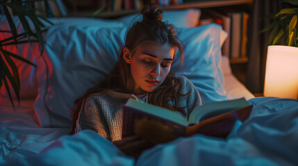 Fototapeta premium a wooman reading book in bed before sleeping 