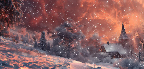 A magical Christmas night scene with heavy snowfall under a ruby red sky, snowdrifts adding to the festive ambiance - obrazy, fototapety, plakaty