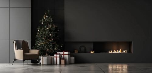 A minimalist Christmas scene with a simple fireplace, a modern armchair, and a Christmas tree with sleek decorations and gifts, against a stark black background