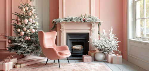 A nostalgic Christmas setting with a soft coral fireplace, an eggshell armchair, and a tree with vintage pastel ornaments