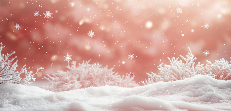 A peaceful Christmas background, snowflakes falling thickly against a soft coral sky, the ground blanketed in snow