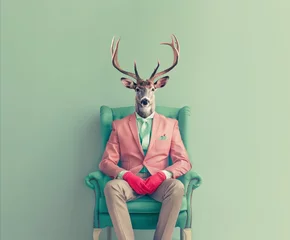 Deurstickers Urban half man, half deer, reindeer hipster in trendy pastel suit with on pastel blue background. Fashionably, elegant minimal illustration. © Pastel King