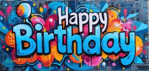 A photo text of "Happy Birthday" in graffiti-style font on a vibrant urban wall background