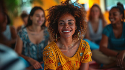 a woman smiling with other people behind her - obrazy, fototapety, plakaty