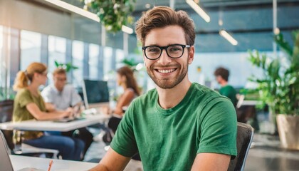 Cheerful man with glasses and a green t-shirt is smiling at the camera, seated in a modern office with co-workers and computers in the background
