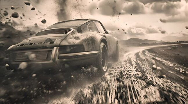 
A drift car and the dust it creates on the road. Black and white.
