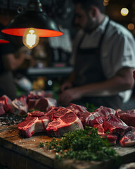 Steaks on the wooden desk with chef in the background - obrazy, fototapety, plakaty