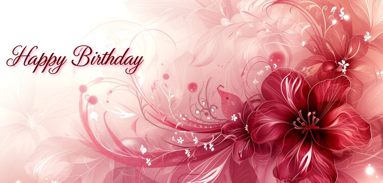 A photo text of "Happy Birthday" in flowing calligraphy on an elegant floral background