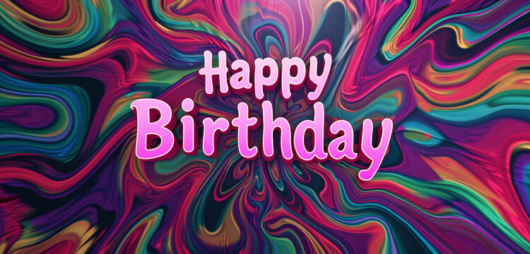 A photo text of "Happy Birthday" in retro 70s style font on a psychedelic swirl background