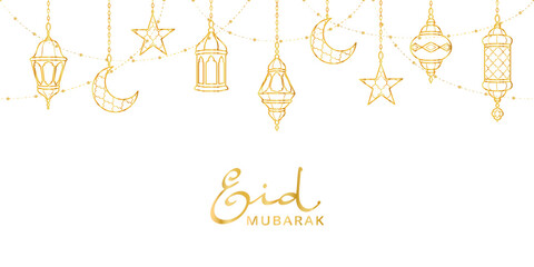 Ramadan golden decoration. Hanging lanterns, crescents, stars. Islamic celebration border. Traditional eastern ornaments, lamps isolated on white. Muslim holidays garland. Eid mubarak calligraphy.