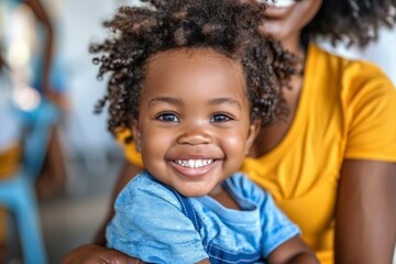 Pediatrician gently examining smiling child, Joyful African American toddler with curly hair beams radiant smile, eyes sparkling happiness, in caring embrace. Child with exuberant grin displays joy