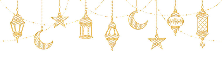Ramadan golden decoration. Hanging lanterns, crescents, stars. Islamic celebration border. Traditional eastern ornaments, lamps isolated on white. Muslim holidays garland. Vector - obrazy, fototapety, plakaty