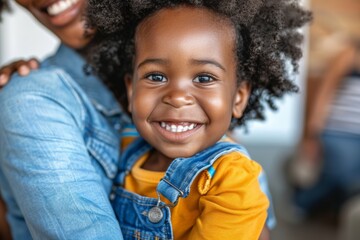 Pediatrician gently examining smiling child, Joyful African American toddler with curly hair beams radiant smile, Child with exuberant grin displays joy, cradled securely, sharing moment of affection