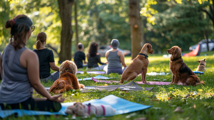 Outdoor Yoga Session with Pets: People Practicing Wellness Alongside Dogs in a Peaceful Park Setting Illuminated by Golden Hour Sunlight