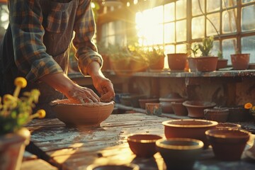 Golden hour casts warm light on a person shaping a wide clay bowl, instilling a sense of calm in the pottery studio. Dusk light floods a workspace where a craftsperson molds a large clay vessel