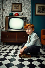Rear view of a little boy sitting on the floor watching television in front of a vintage 50s TV - addiction concept