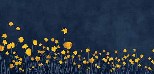 A photo text of the word Happy Easter in a bold, modern font on a deep blue background with a border of yellow daffodils
