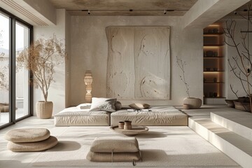 Sparse Japanese living room, wabi-sabi aesthetics, Textured walls and a wooden floor give an aged charm to a bedroom bathed in daylight, showcasing minimalist aesthetics. artfully weathered bedroomSpa